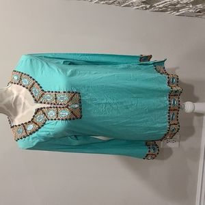 Milly of New York Teal Beaded and Mirrored Vneck Tunic