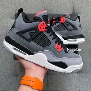 🤍🖤 Nike Air Jordan 4 retro grey red shoes (big kids)