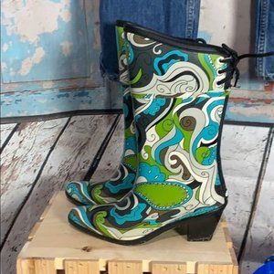 Womans 6 Day Rain Boots Paisley Green Blue Cowboy Boots FLAW