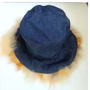 Lord & Taylor Denim & Fox Trimmed Bucket Hat