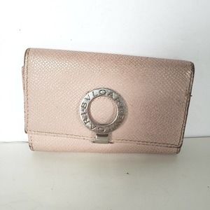 BVLGARI Logo Light Pink Grain Leather Key Holder 4 Hooks Small Designer