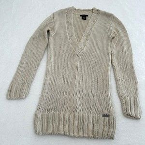 BCBGMAXAZRIA Womens Cable Knit V-Neck Sweater Cotton Size L