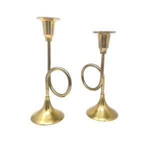 Vintage Brass Trumpet Horn Candle Stick Holders Set Of 2