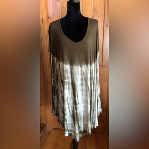 Tie-Dye tunic top; long sleeves, handkerchief hem, olive green