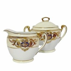 Vintage Noritake Sugar & Creamer Set Cream Navy & Gold Handpainted Made in Japan