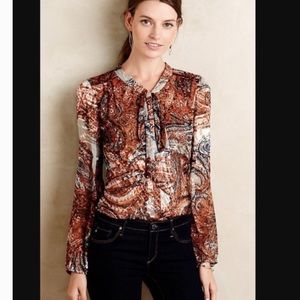 Anthropologie Meadow Rue Biarcliff Burnout Tie Neck Sheer Blouse Top