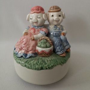 Vintage Hand-painted Ceramic Otagiri Musical Figurine, Cute Sitting Pig Couple