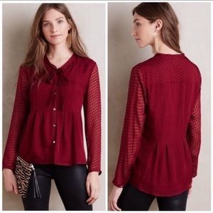 Anthropologie Meadow Rue burgundy Swiss Dot Tie Neck Buttondown Blouse