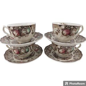 Teacups Saucers Johnson Bros HIS MAJESTY Set of 4 Vintage Transferware England