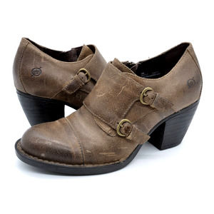 Born Booties Womens 8 Brown Leather Double Monk Strap Round Toe Ankle Boots