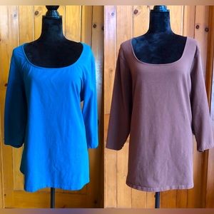 2 JESSICA LONDON Scoop Neck Tops 3/4 Sleeves Blue/Brown (22/24)