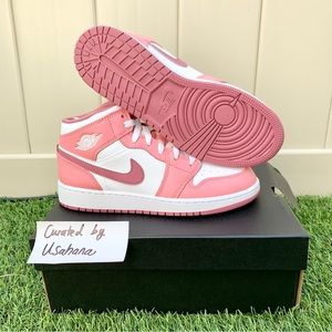 Nike air Jordan 1 mid GS pink white shoes (big kids)