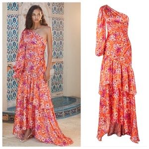 NEW Amur Israella Silk Satin One Shoulder Maxi Dress (Sz 8) Flame Rosa Floral