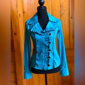 Elly Group turquoise blouse with black piping