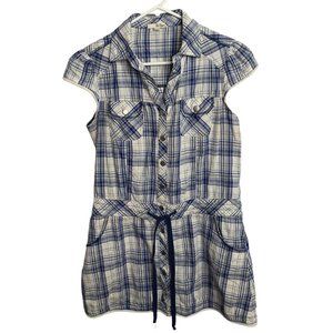 Bebop Size Medium  Blue Plaid  Womens Button Blouse Top Pockets Cap Sleeve Tunic