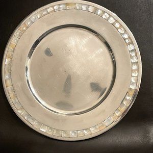 Vintage Pottery Barn Barona Round Platter Tray w/ mother of pearl inlay