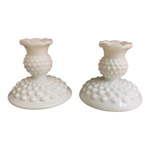 VTG Fenton Hobnob Milk Glass Ceramic Candlestick Holders Pair Collectible Chic