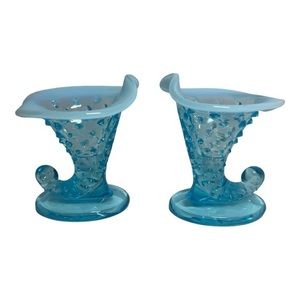 Fenton Blue Opalescent Hobnail‎ Glass Cornucopia Horn Candleholder Vase 3.5”T