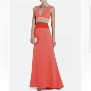 BCBG Maxazria Lizette Maxi gown pink dress red orange green color block stripes