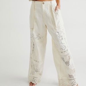 Free People embroidered Linen & Cotton-Blend Trousers Pants 0