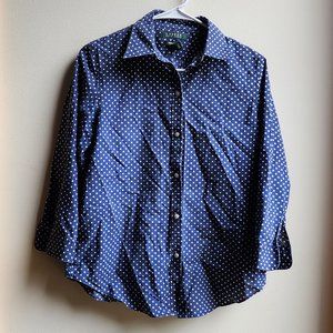 Lauren Ralph Lauren Navy Polka Dot Non-Iron Button Down Shirt Size Medium