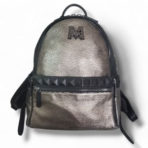 MCM Metallic Gray Cracked Leather Backpack