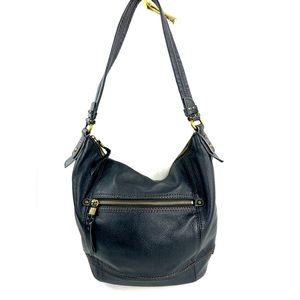 The Sak Black Leather Medium Shoulder Bag Purse Topstitching Handbag Brass 17232