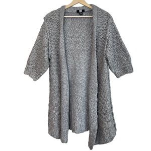 Saks Fifth Avenue Cashmere Blend Chunky Knit Long Open Cardigan 3/4 Sleeve Gray