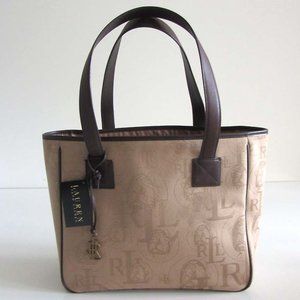 new LAUREN RALPH LAUREN monogram fabric leather trim tote bag