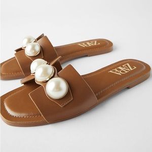 Zara Leather Slide H Sandals with Pearls Size 36~with dust bag~