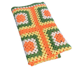 Vtg Granny Square Crochet Throw 40" x 49" Lap Blanket Green Yellow White Orange