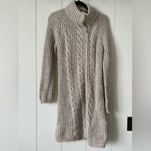 Cleo wool blend chunky knit beige zip up sweater dress with buttoned collar