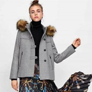 ZARA Short Coat with Faux Fur Hood Trim