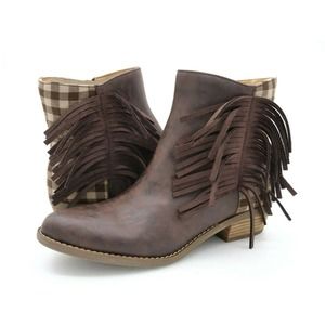 Code West Ankle Boots Womens 7 Brown Faux Leather Western Low Key Plaid Fringe