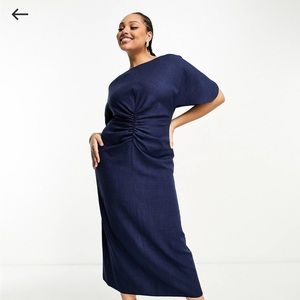 🆕 ASOS DESIGN Curve linen-look flutter sleeve midi dress with ruching in navy