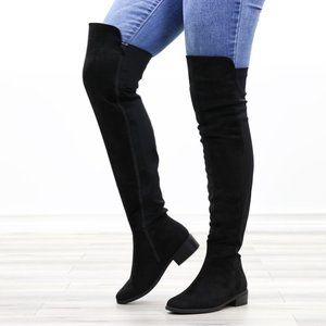 Black Thigh High Flat Boots Over The Knee Suede & Stretchy Material