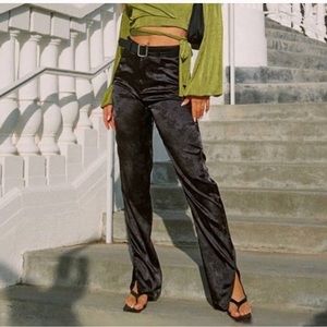 Lioness St Germain Black Silk Slit Hem Relaxed Fit High Waist Pant