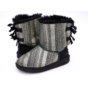 Ugg Boots Little Girl Size 3 Silver Black Mid Calf Pull On Shearling Lined Bows