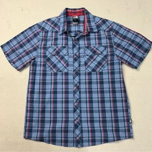 THE NORTH FACE Shirt Mens Medium Red Blue Plaid Short Sleeve Snap Front Hiking