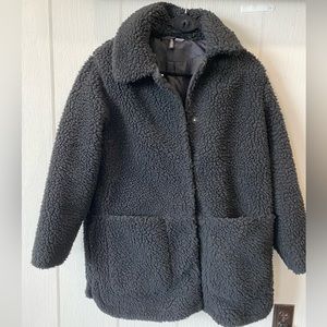 H&M Divided black teddy coat, longer style: mid thigh, lined, warm, sherpa