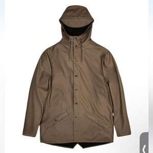 Rains Unisex Classic Waterproof Jacket XL Taupe Khaki Hooded Snap Front Pockets