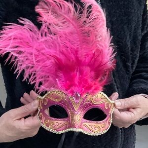 Pink feather MARDI GRAS MASQUERADE MASK metallic gold  festival