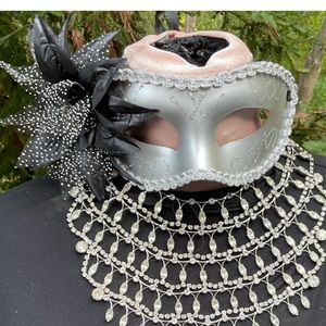 Silver black flower Mardi Gras glitter mask