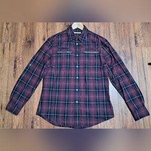 John Varvatos Men's Shirt L/S Dark Red Plaid tartan Zip Pockets Roll Tab Large