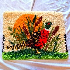 Vintage 70s latch hook rug grouse pigeon quail handmade retro