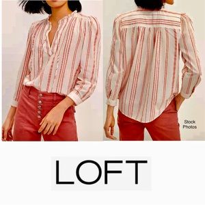 LOFT Blouse Split Neck 3/4 Sleeves Mini-Ruffle Neckline (M)