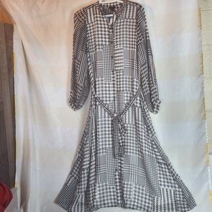 Ann Taylor Black White Mix Pattern Houndstooth Button Up Belted Lined Midi Sz S