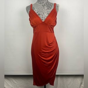 Nevena Rae Rust Red Plunge Rouched Hip Corset Style Bodice Dress