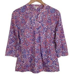 Talbots Pink & Blue Paisley Cotton Popover Top