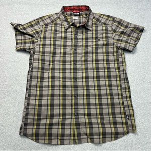 THE NORTH FACE Shirt Mens Large Gray Yellow Check Short Sleeve Snap Front Hiking